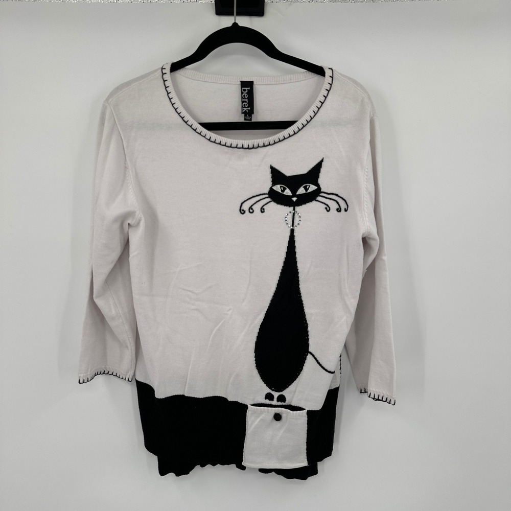 Berek Womens White Black Cat Graphic Knit Sweater Rhinestone Large Whimsical